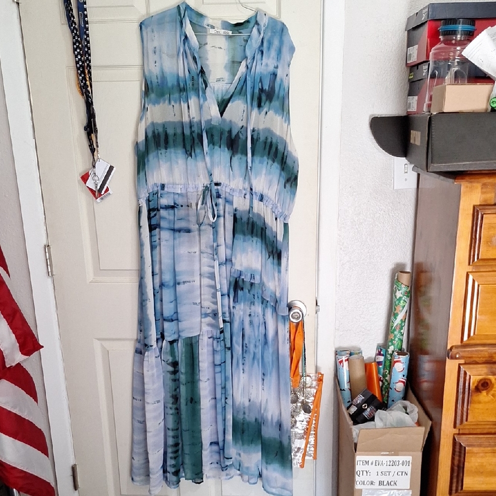 Dex Blue and White Sleeveless V-Neck Sundress